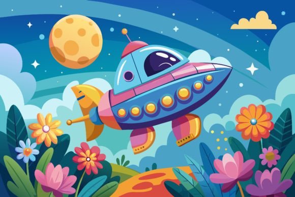 Download Spaceship Sky Cartoon with Flowers on a - Space Collection